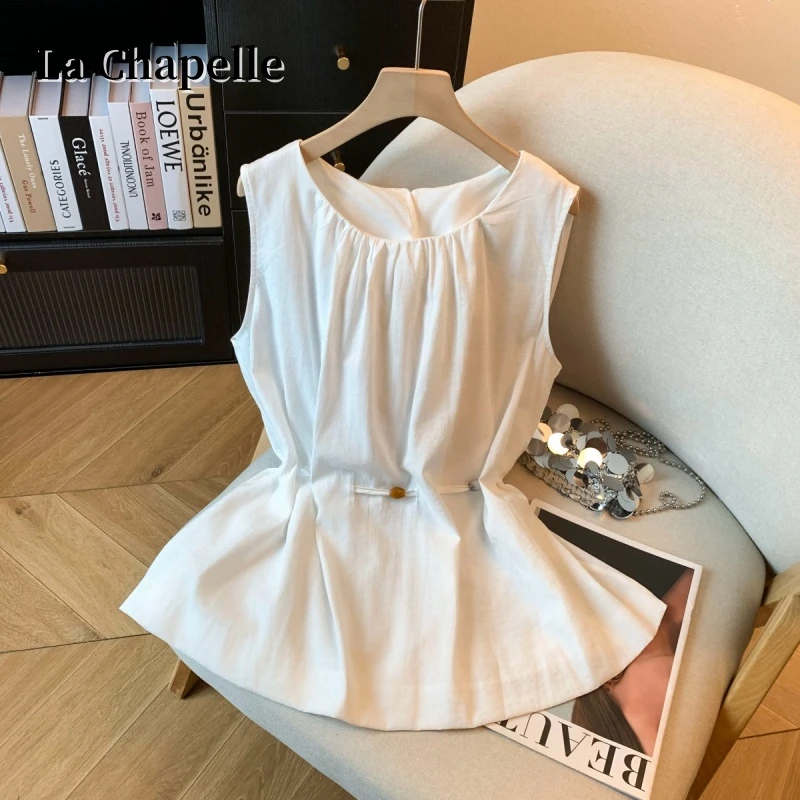 拉夏贝尔2025夏季新款抽绳设计无袖背心衬衫女装宽松别致圆领上衣