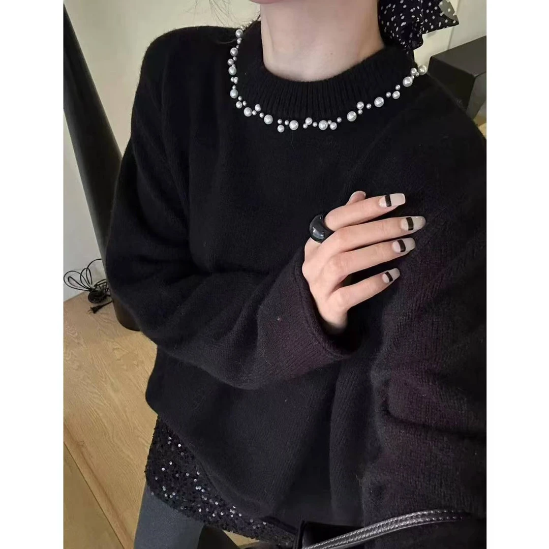 【卷边珍珠中长款】纯色圆领珍珠长袖卷边中长款秋冬针织套头1173