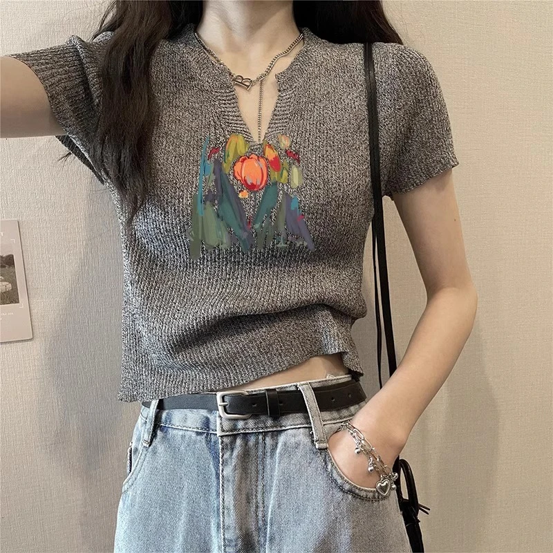 冰丝针织v领短袖t恤女2025夏季新款韩系印花复古小众辣妹短款上衣