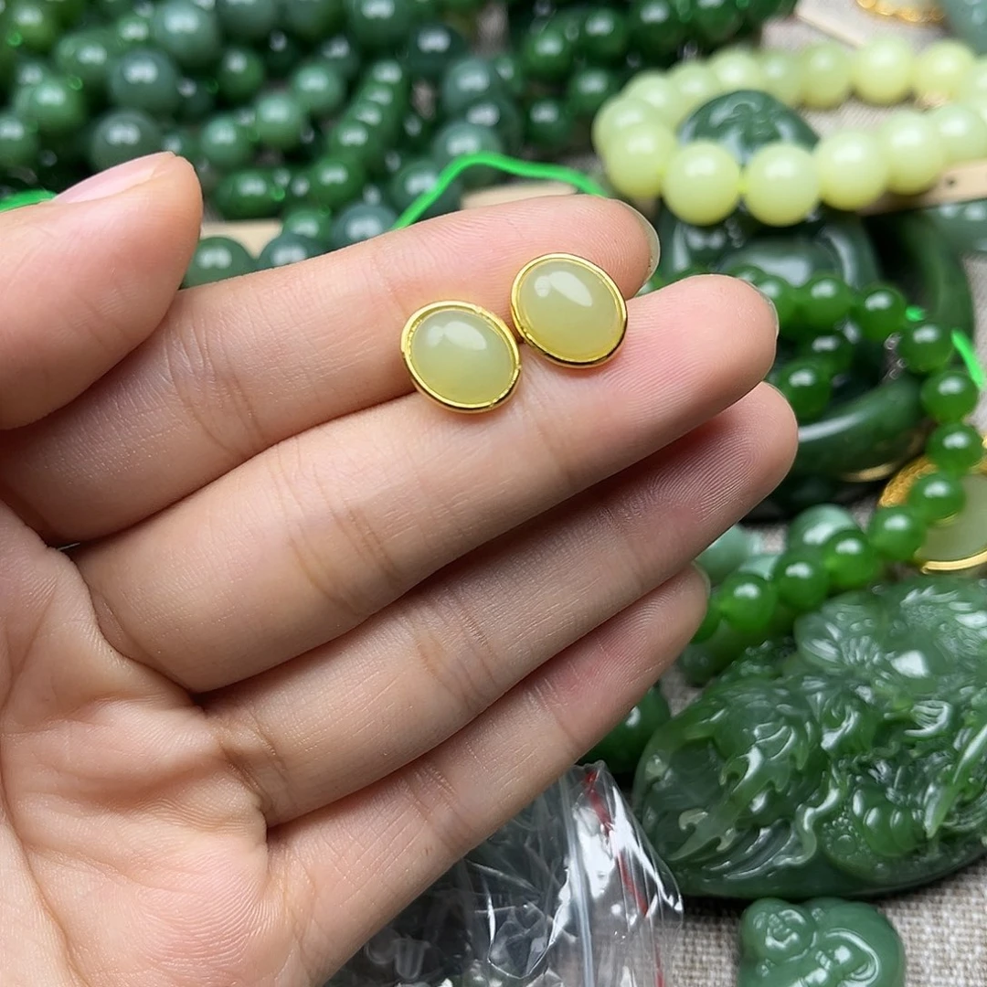 和田玉（黄玉）合金耳饰