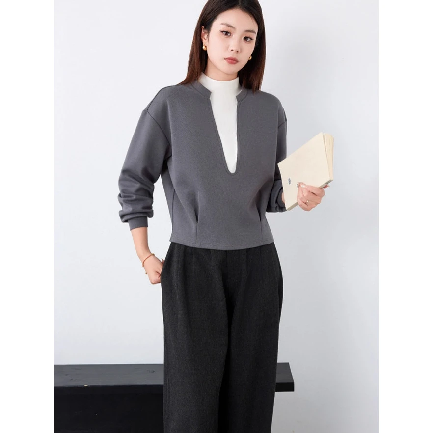 V领气质设计感假两件拼接半高领卫衣2025秋冬季时尚简约休闲内搭.