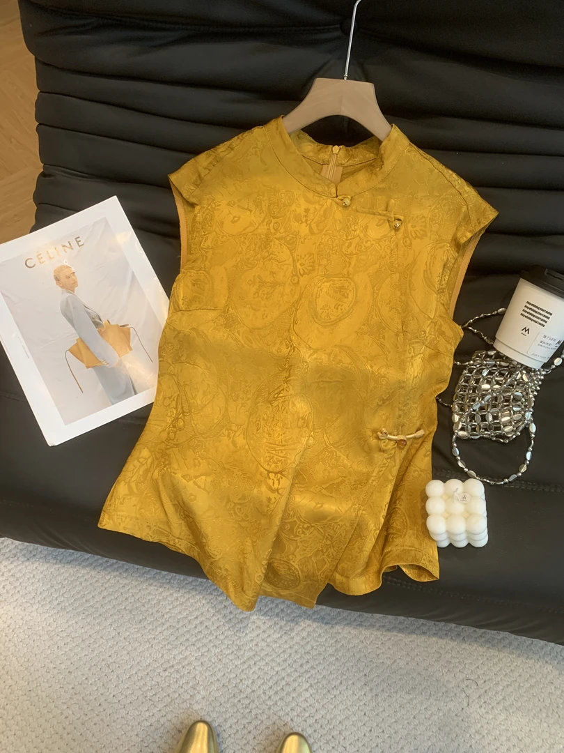 夏季国风提花衬衫短背心女2025新中式时尚复古不规则无袖马甲