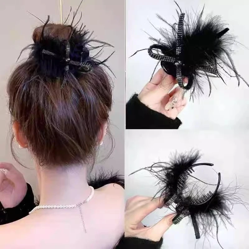 蓬松羽毛丸子头抓夹女高级感蝴蝶结毛毛发夹高马尾固定夹头饰发卡