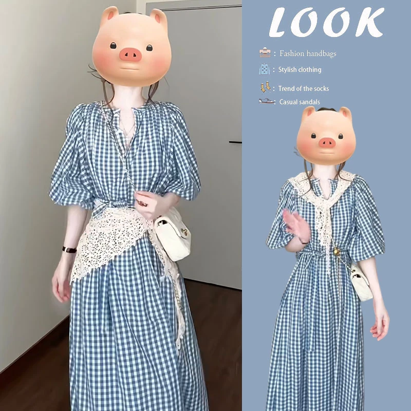 夏季穿搭一整套2025新款韩版时尚宽松休闲格子中长款显瘦连衣裙女