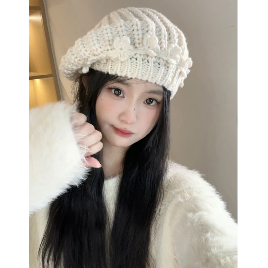 小众设计贝雷帽！花朵边针织韩版百搭套头帽子简约风时尚