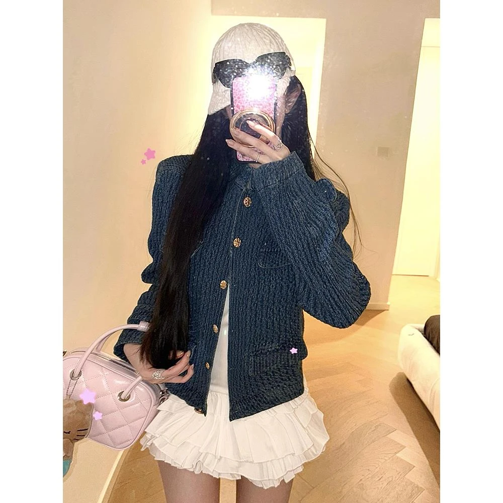 蓝色牛仔小香女装2025秋季新款高端超好看的小个子早秋上衣