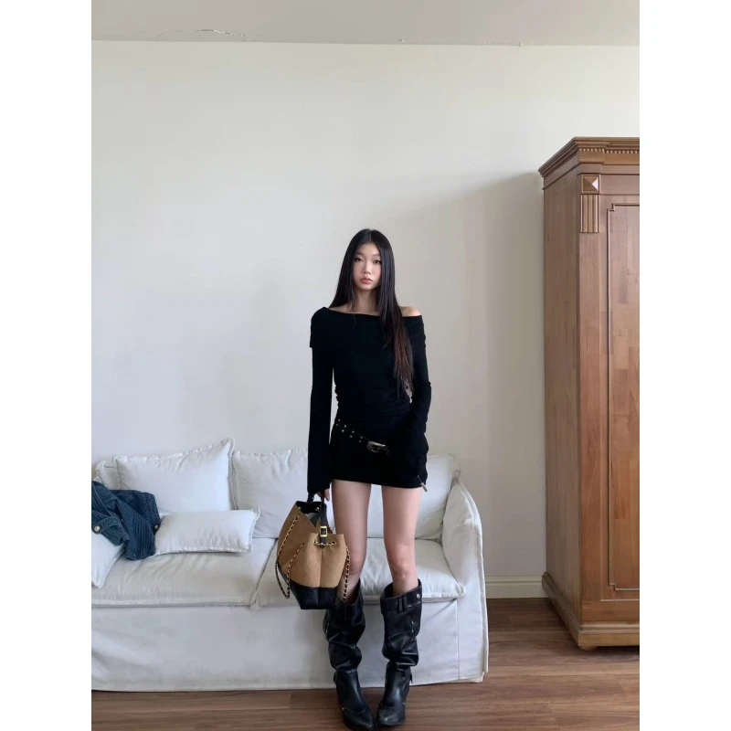 withmin凉皮 黑色长袖收腰显瘦辣妹百搭连衣裙上衣2524040现货