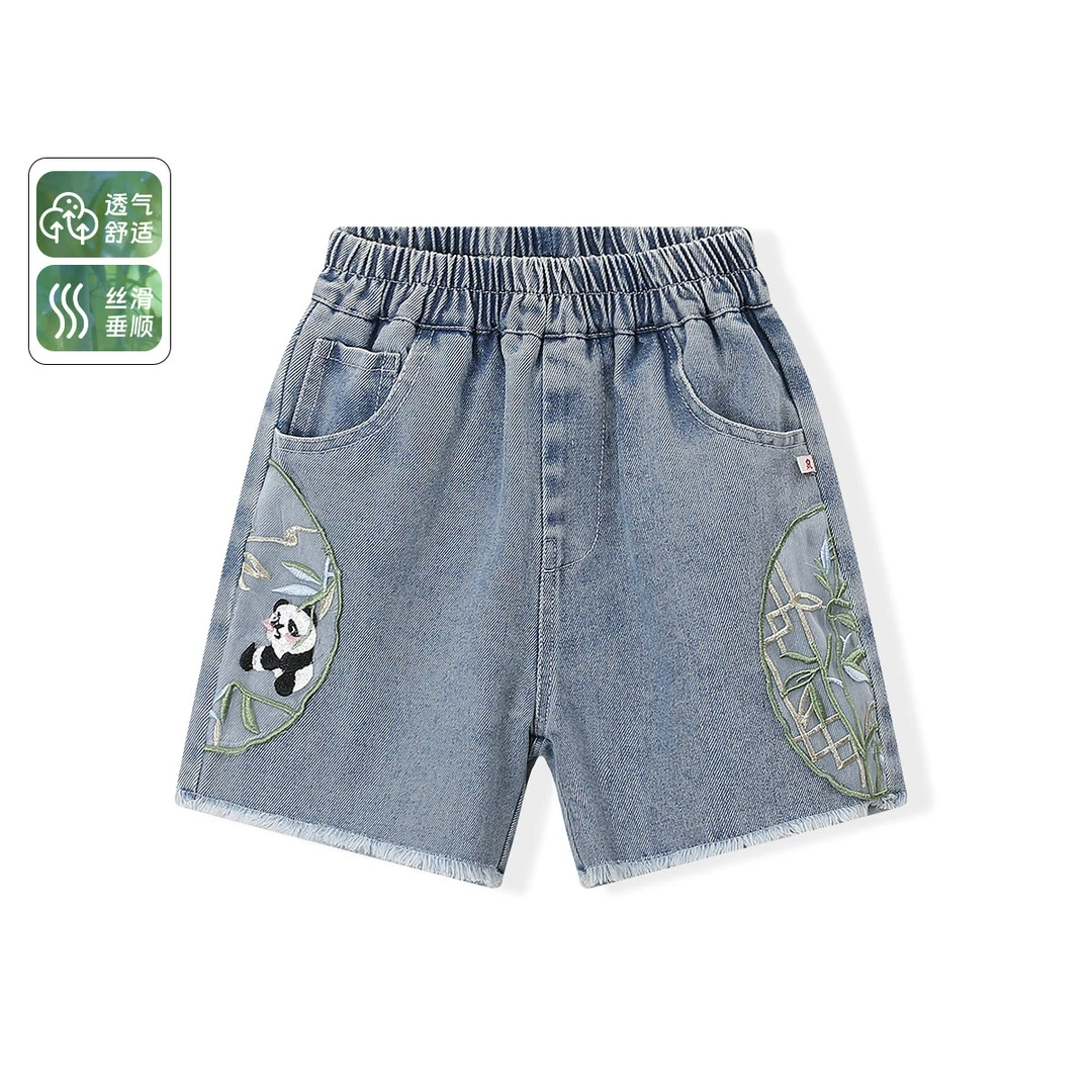 梦特娇女童新中式国风牛仔短裤夏季新款中大童洋气休闲宽松A56