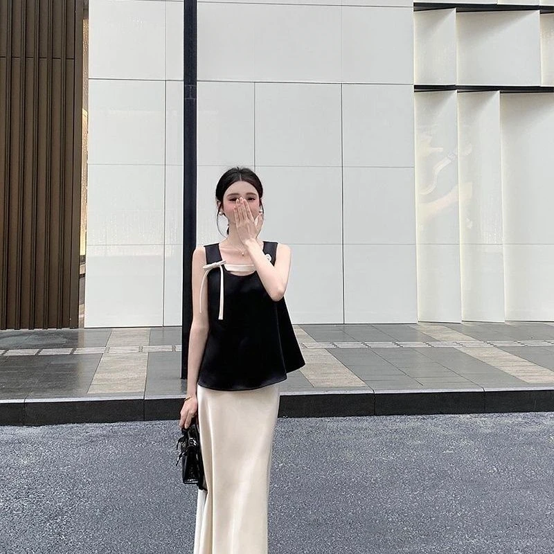 高级感蝴蝶结缎面黑色无袖背心上衣套装女夏季高杏色阔版显瘦套装
