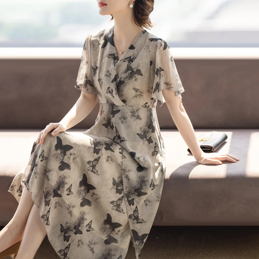 恒源祥彩羊五十多岁妈妈洋气质时尚连衣裙夏天短袖衣服中老年人女