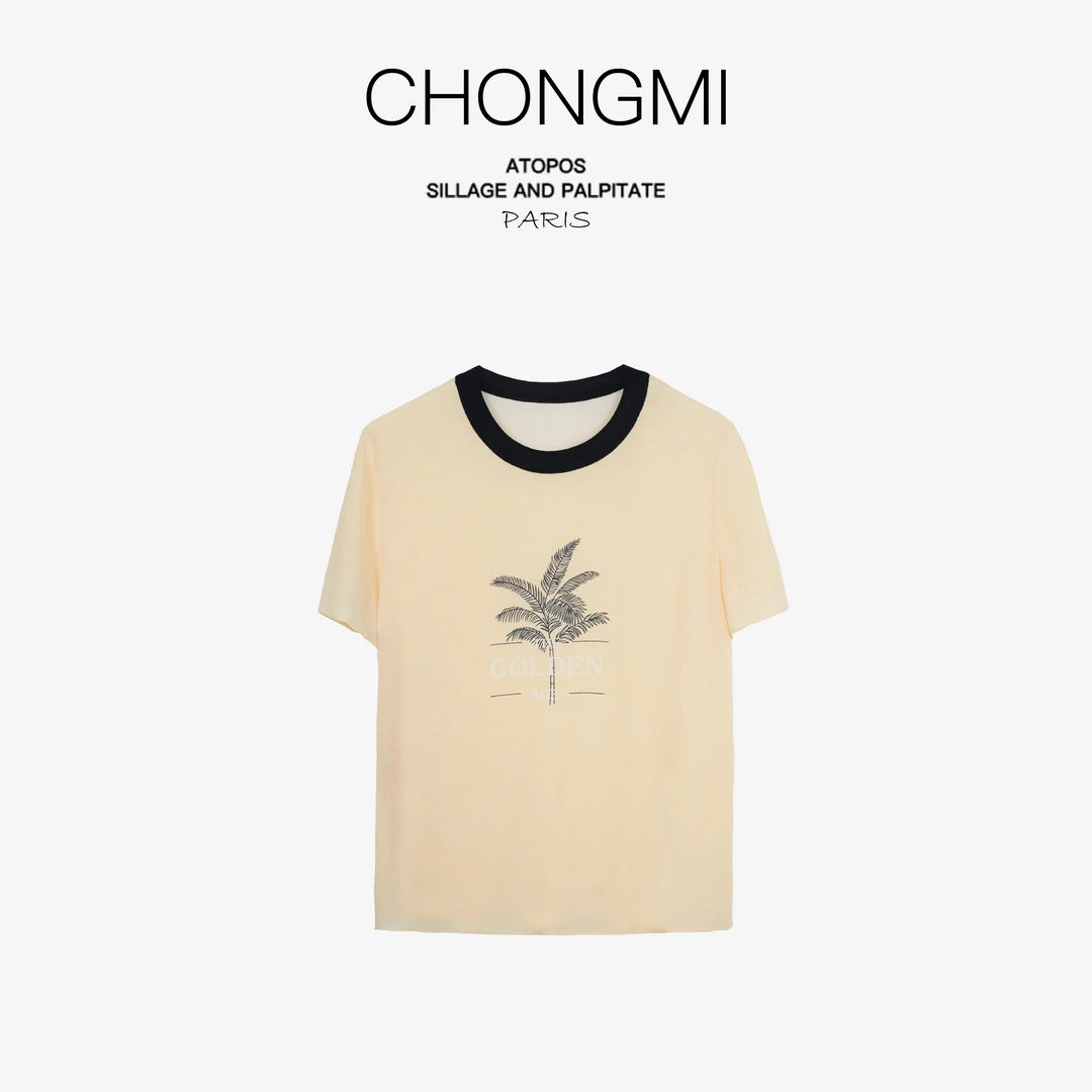 杏色23重磅鬼绉桑蚕丝真丝上衣2025夏季新款椰树印花T恤女