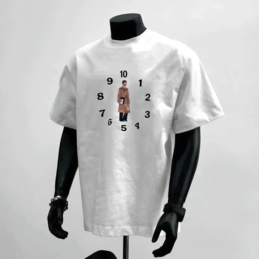 260g重磅纯棉美式时钟男人印花轻奢圆领短袖情侣装白T恤oversize