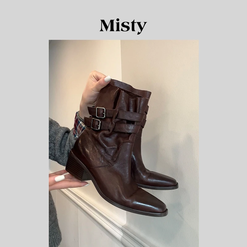 Misty雾屿女鞋|34-40|5cm|2025新款擦色百搭粗跟西部风骑士时装靴