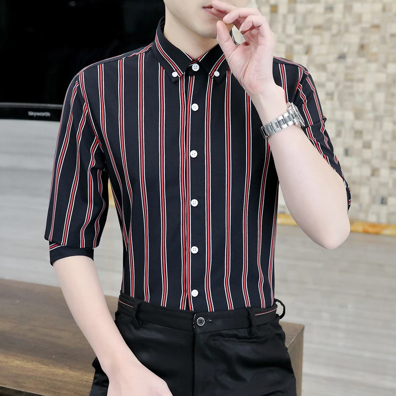 【多色可选】条纹男士衬衫2025春夏季七分袖韩版修身，抗皱免烫！