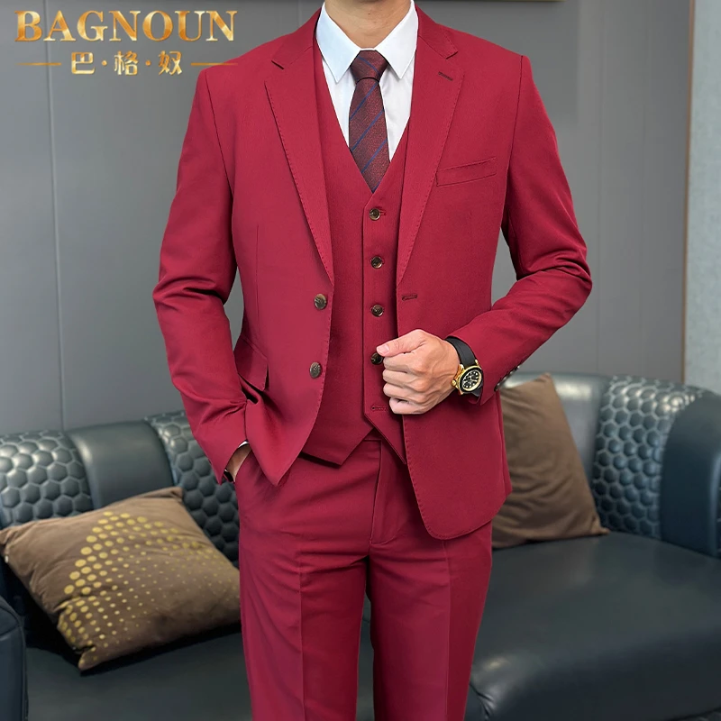 巴格奴西服套装男士新款时尚高端可水洗红色帅气新郎结婚礼服西装