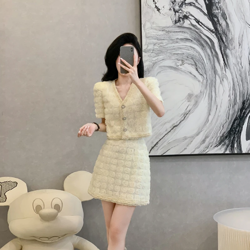 小香风钉珠短上衣半身裙两件套夏季时髦洋气减龄小个子穿搭一整套