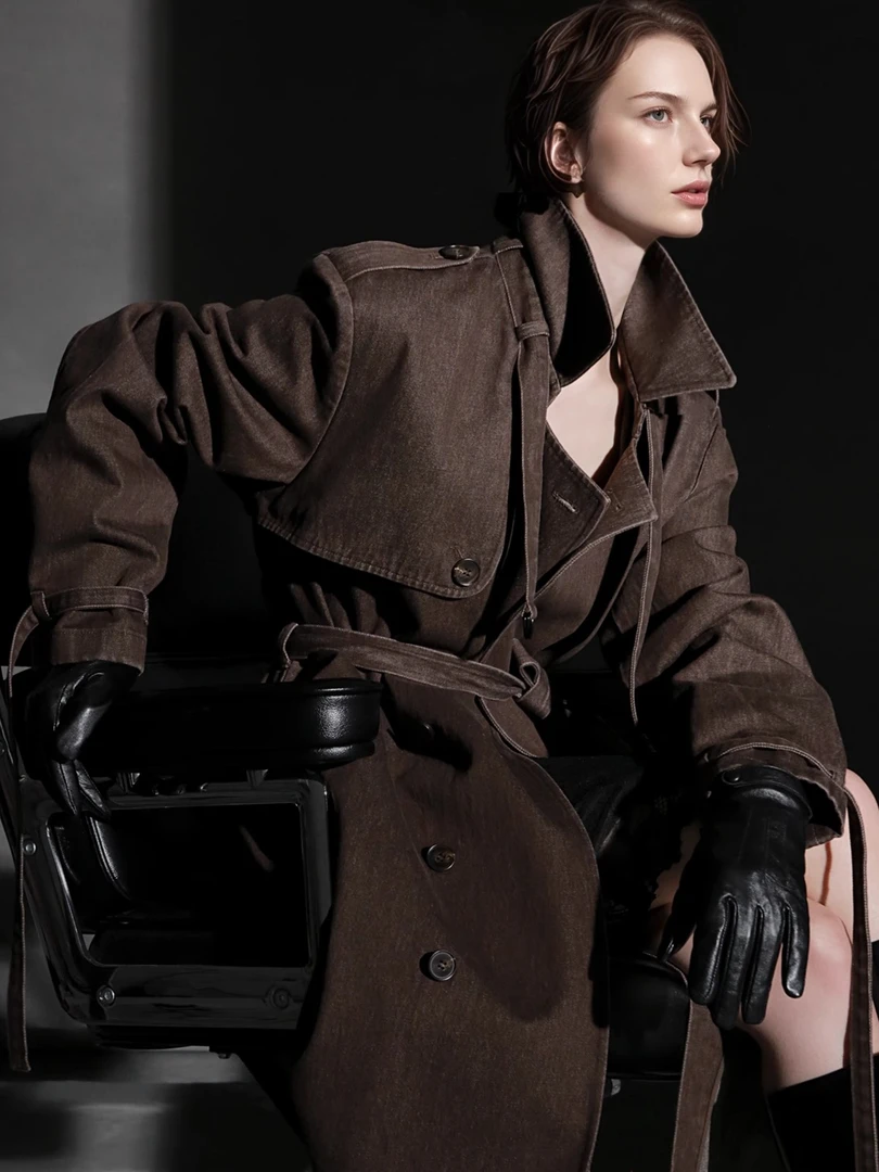 Meili-港风做旧中古款咖色牛仔风衣外套女丹宁牛仔PI25C132