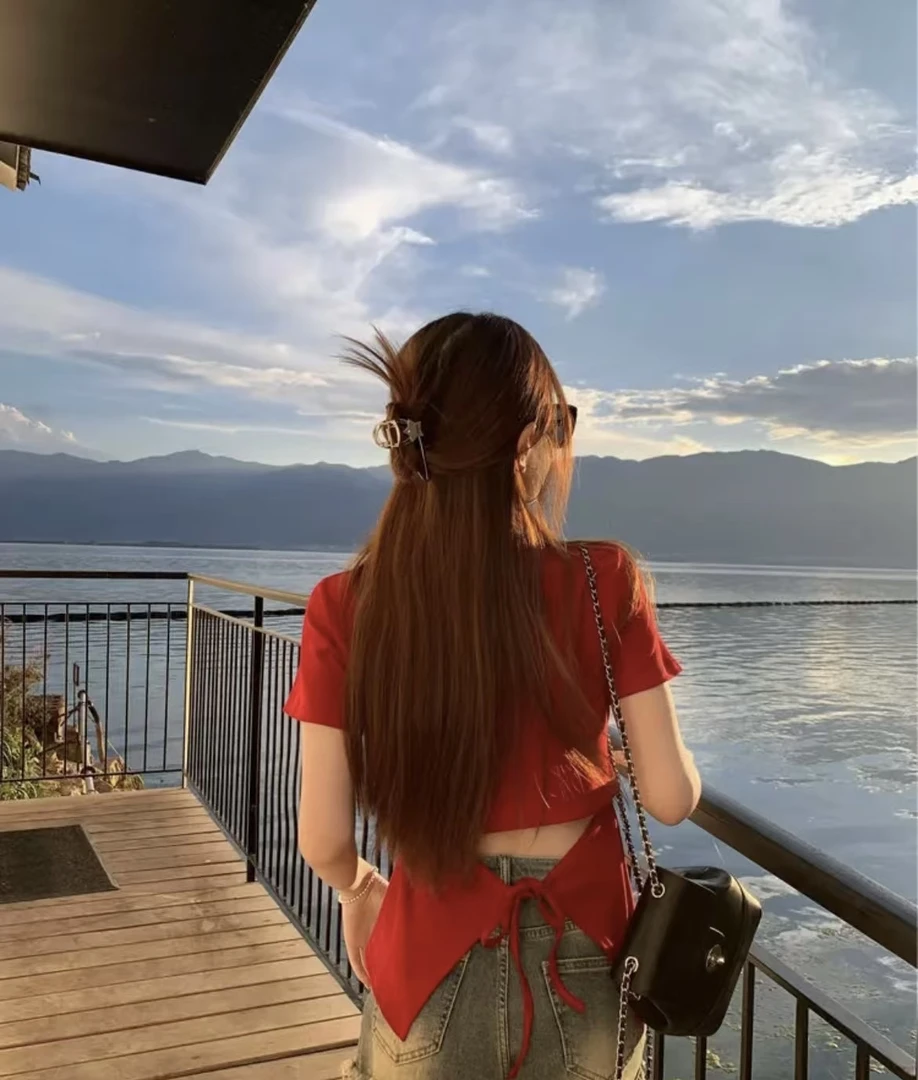 夏季性感绑带镂空T恤2025年时尚不规则百搭短袖透气吸汗韩版