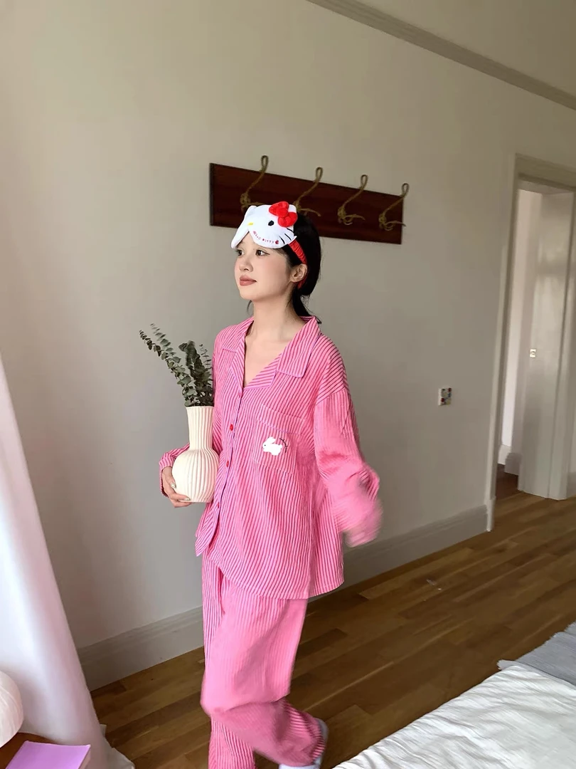 韩版甜美条纹小兔印花睡衣女秋季新款长袖开衫休闲宽松家居服套装