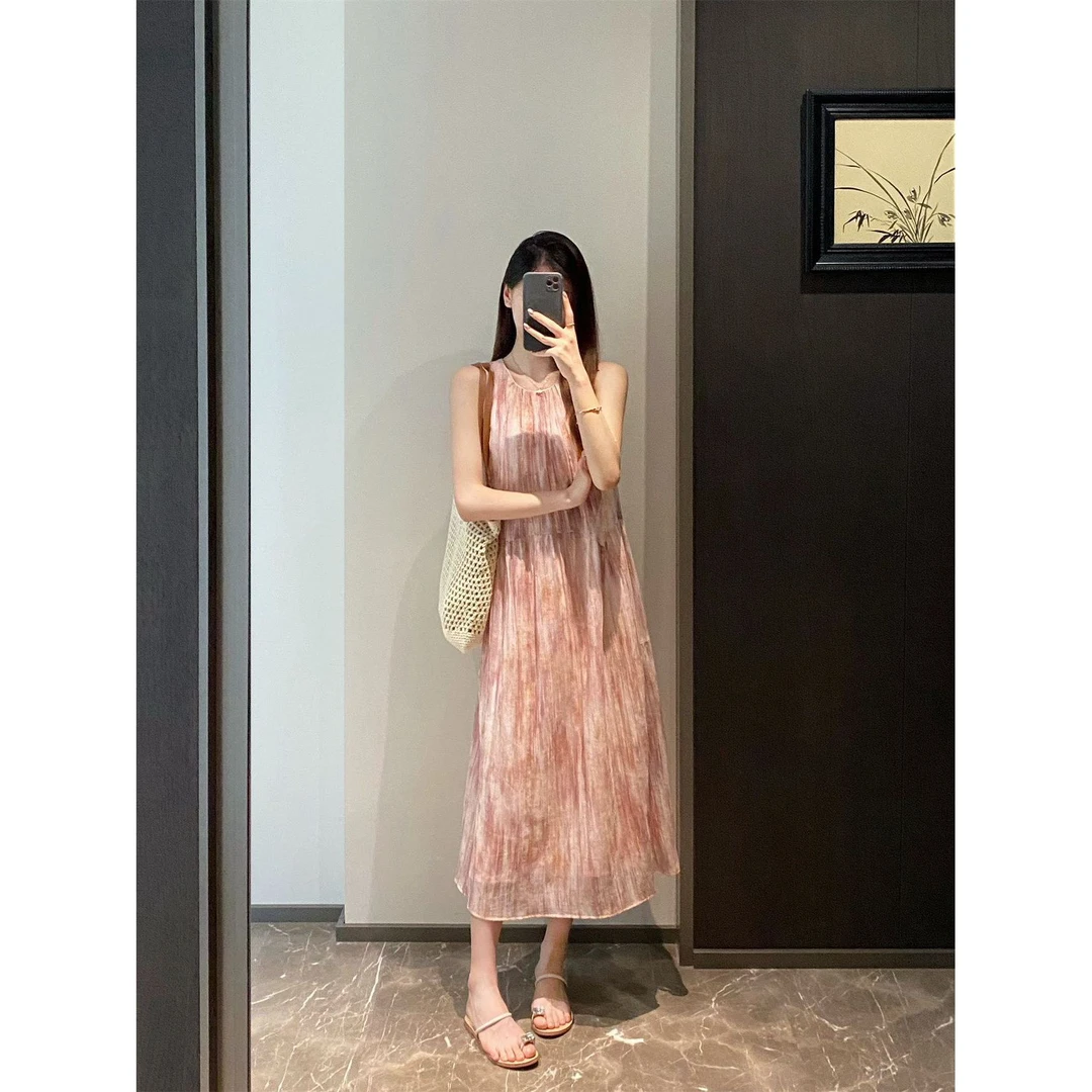 杰瑞【美如繁花】高级感法式天丝挂脖背心长裙度假气质扎染连衣裙