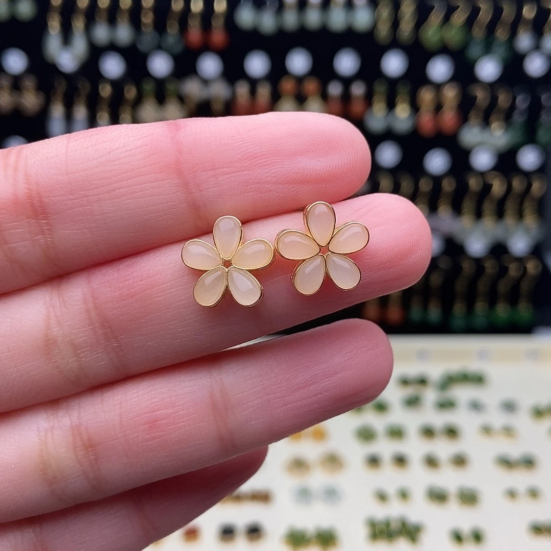 和田玉银S925镀金镶嵌耳饰