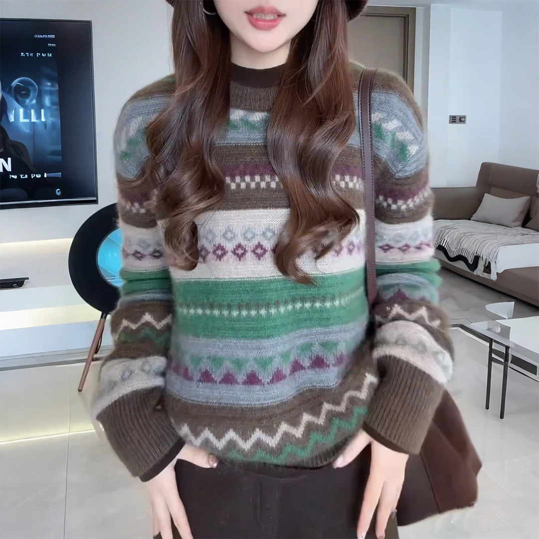 慵懒风撞色条纹打底毛衣针织衫女秋冬季新款宽松高级好看漂亮上衣