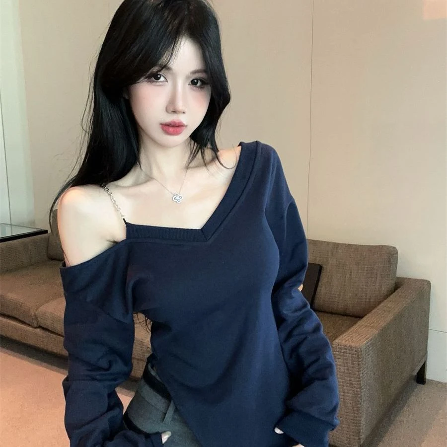 V领链条一字美式修身卫衣春秋季设计不规则露肩辣妹上衣打底