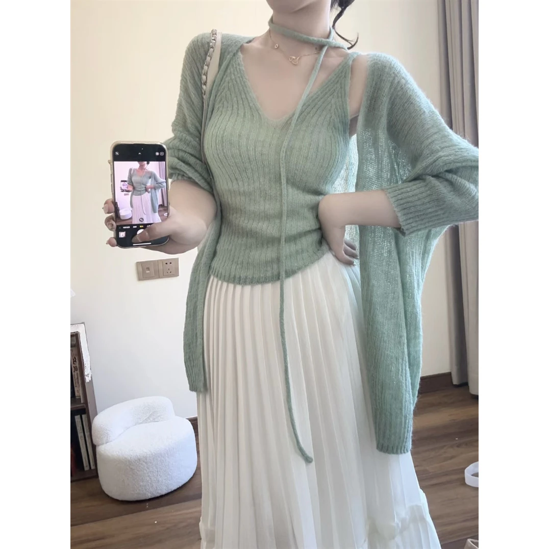 韩系绿色两件套开衫吊带背心女春夏季小众慵懒感休闲防晒衫上衣潮