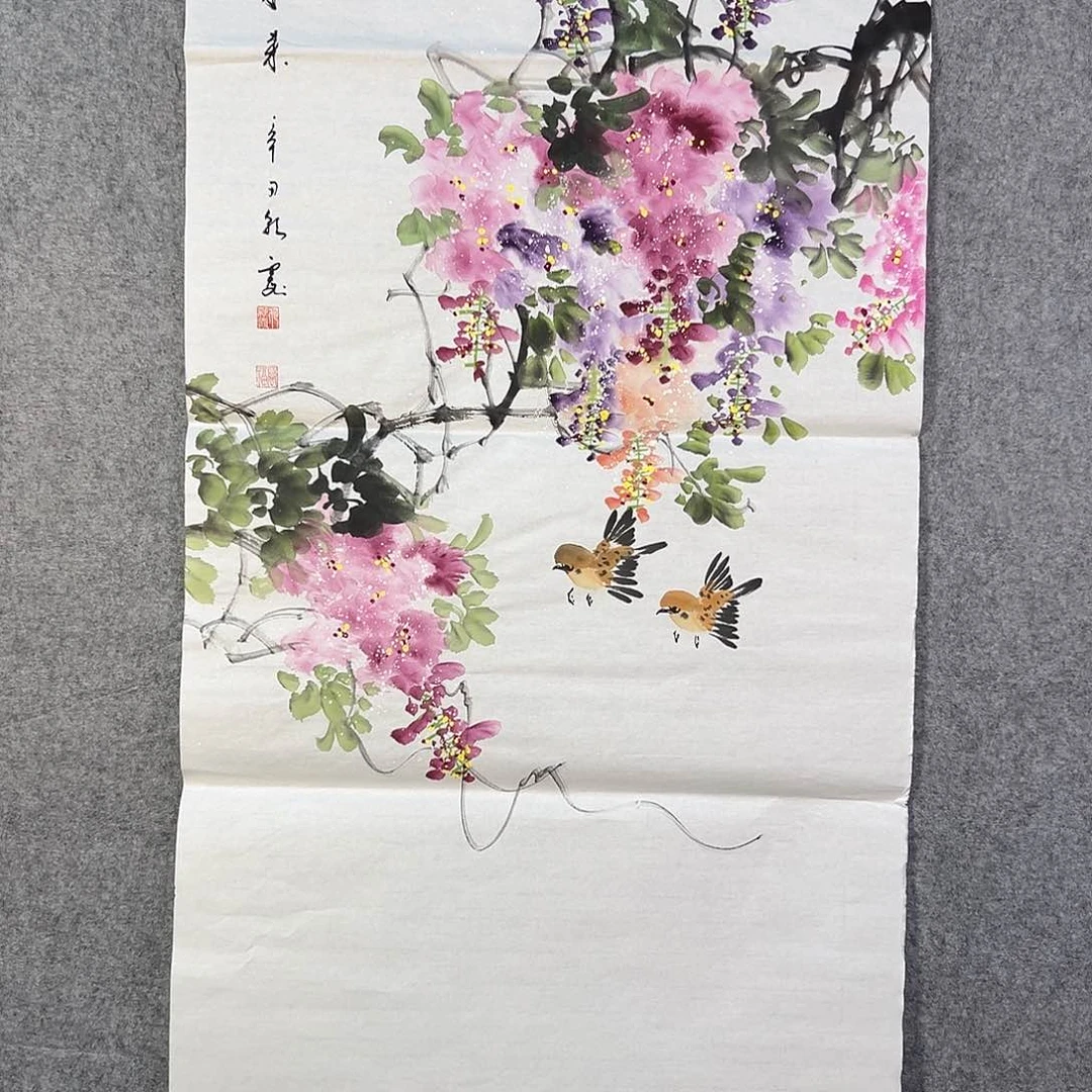 国画568 花鸟在树丛的顶端鸣叫叫声响