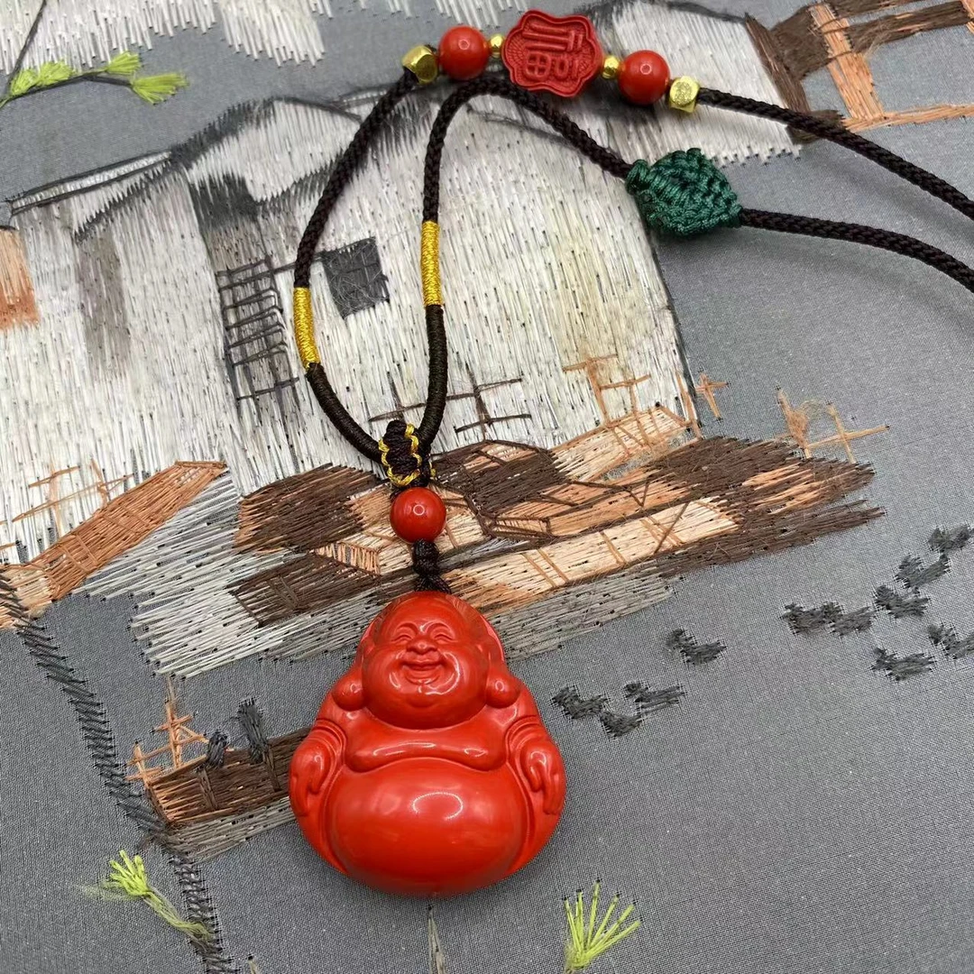 含辰砂工艺品高含量朱砂红砂设计款笑口常开大肚弥勒佛公吊坠