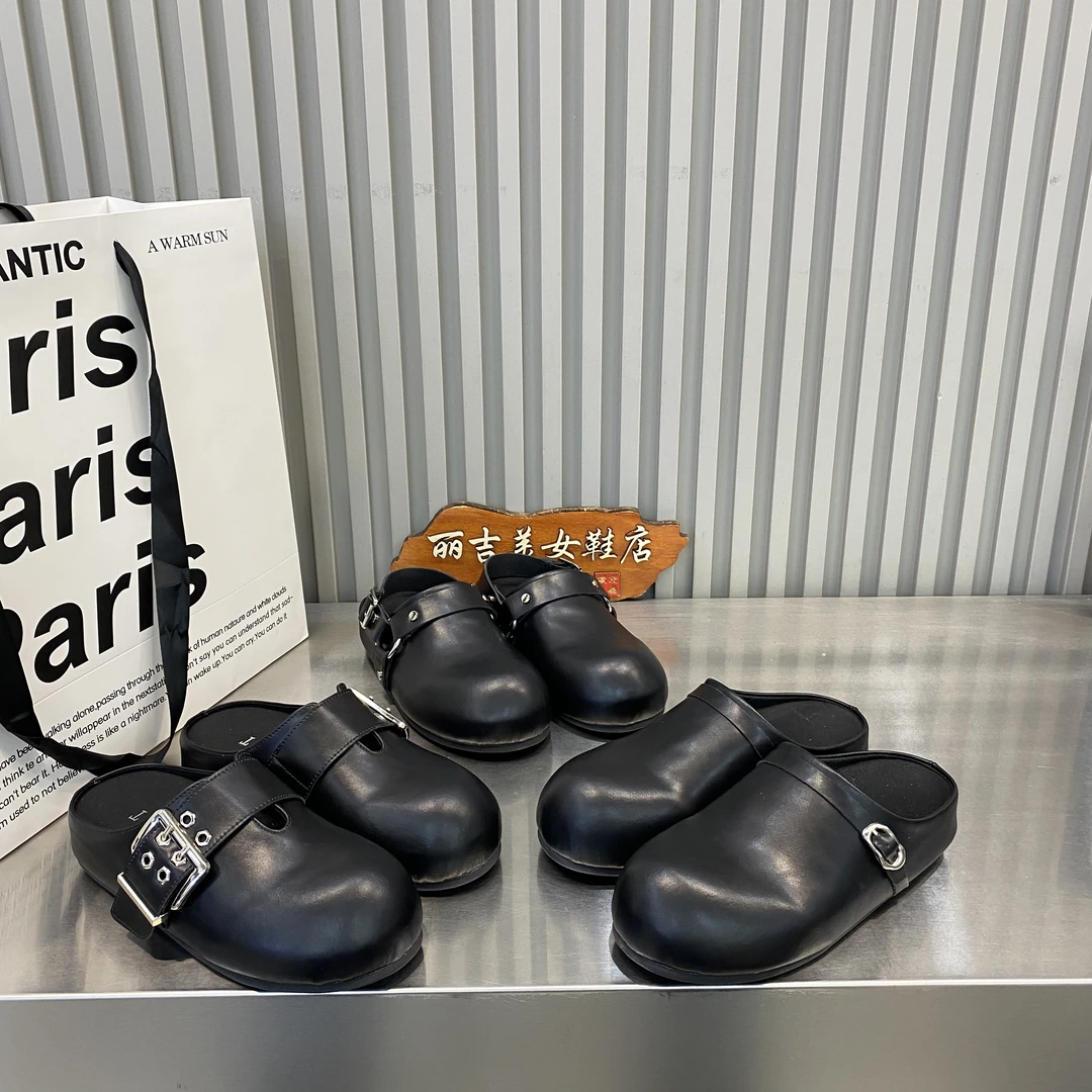 2025早春新款休闲厚底女鞋真皮包头半拖鞋女外穿皮带扣懒人拖鞋潮