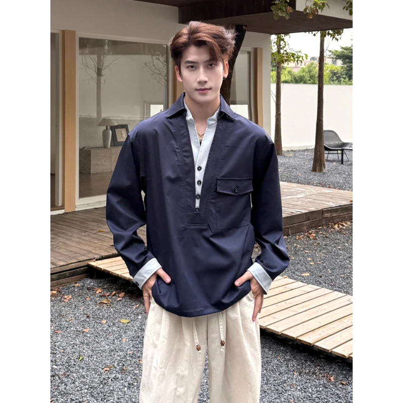 cleanfit假两件V领设计长袖衬衫男春秋款美式高级感工装衬衣外套