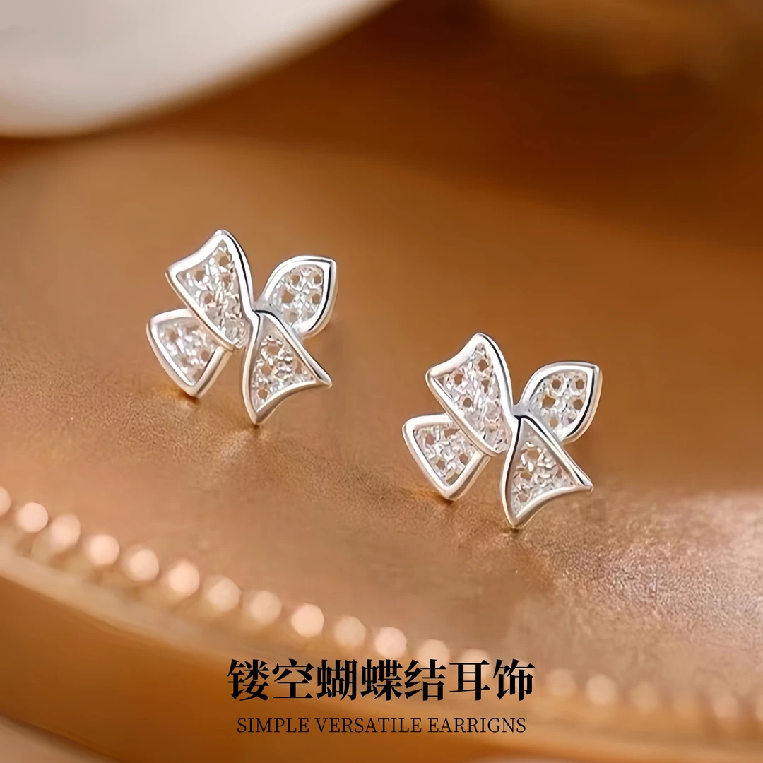 925银耳饰 镂空蝴蝶结纯银螺丝拧耳钉甜美网红精致小众超百搭耳环