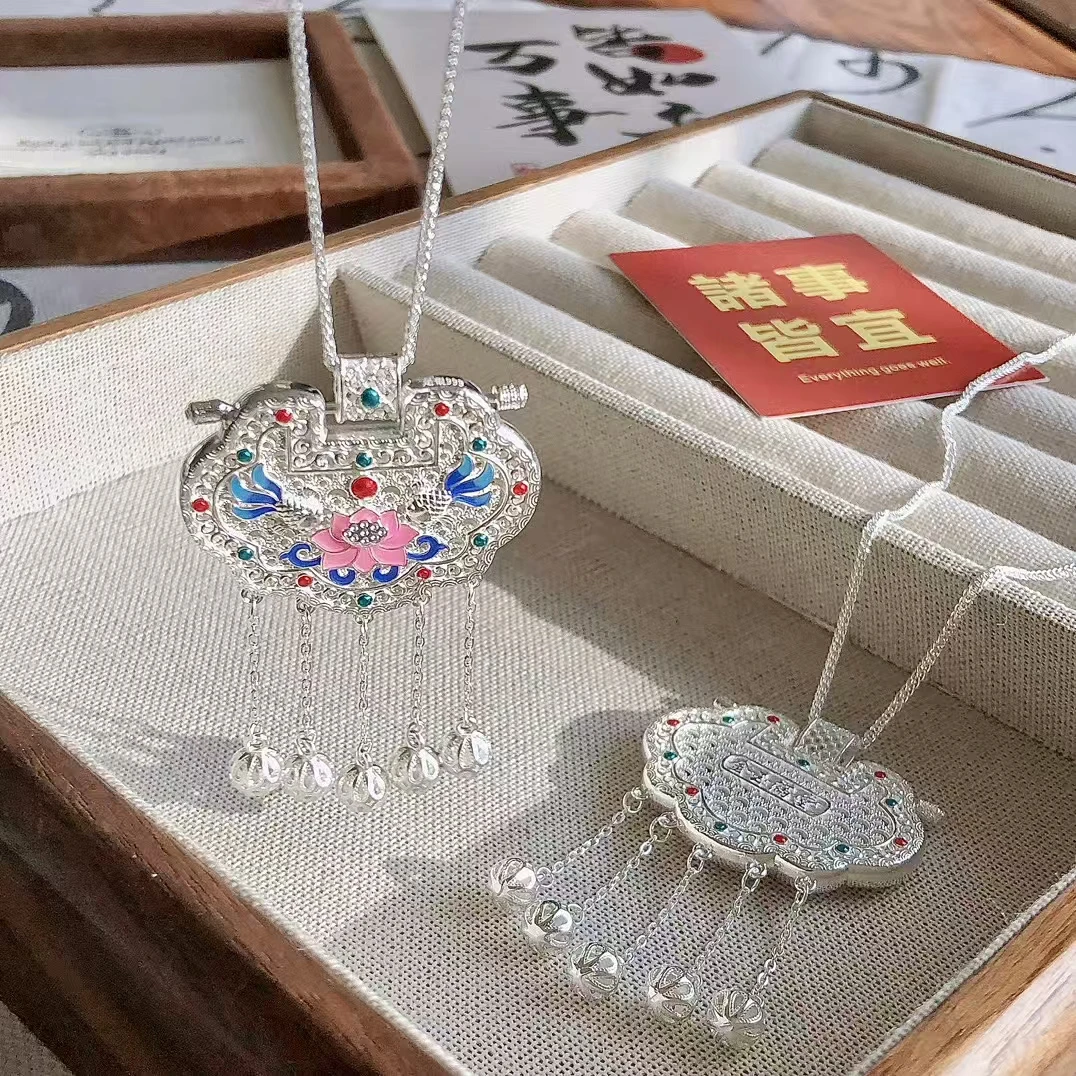 坠链均足银 足银999天子门生如意锁金玉满堂国风古风烧蓝工艺吊坠