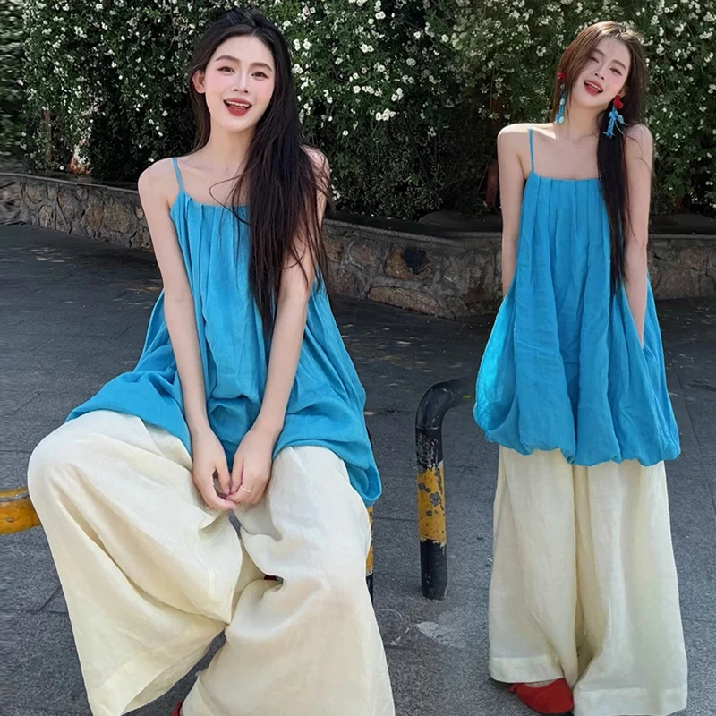 时髦孕妇装新款夏季长款蓝色吊带上衣加长裤套装显瘦休闲百搭套装