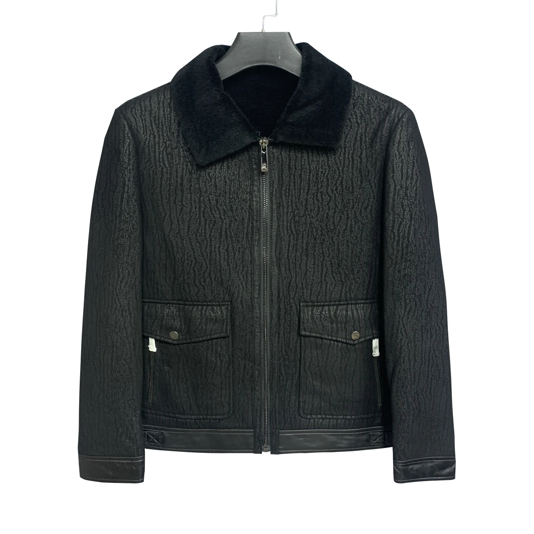 法国-梦【皮毛一体】黑色翻领100羊毛秋冬厚款翻领真皮皮衣PY002