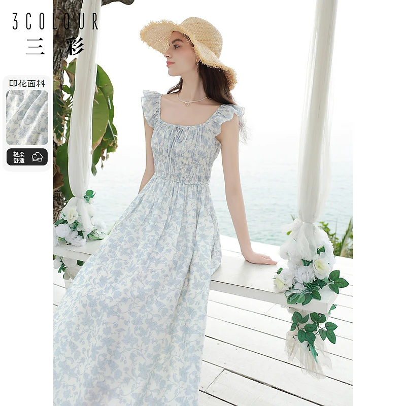 【小北专属】三彩2024夏季新款碎花连衣裙飞飞袖收腰A字裙方领dbq