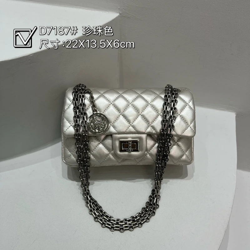 【特特甄选】ZT-D7187-珍珠色链条单肩包牛皮包小香风绣线轻奢女包