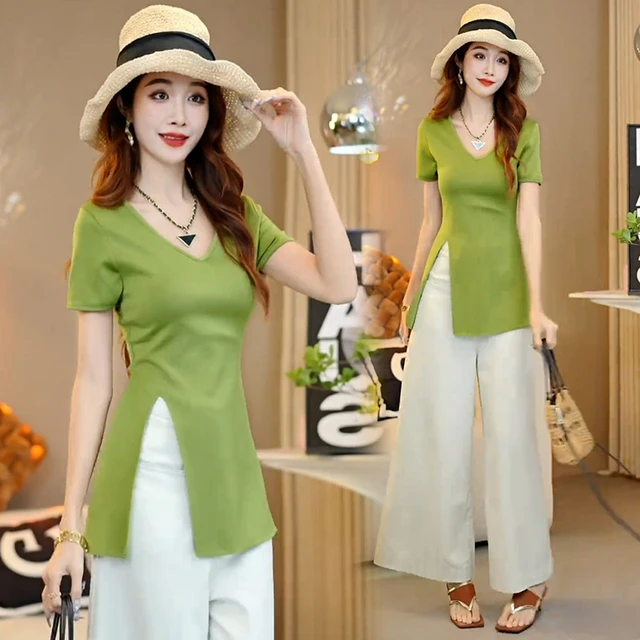 今年流行V领不规则开叉短袖T恤女夏季新款修身显瘦气质中长款上衣