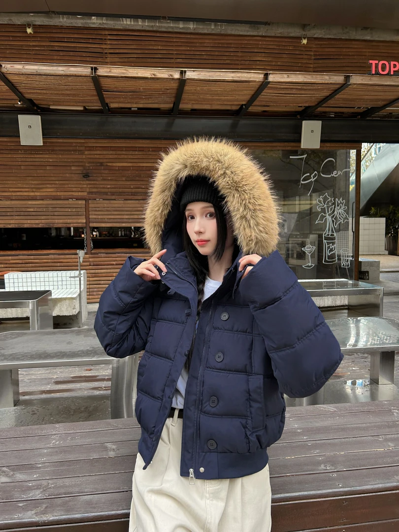 美式复古藏青连帽毛领棉服外套女冬季新款加厚短款面包服棉衣棉袄