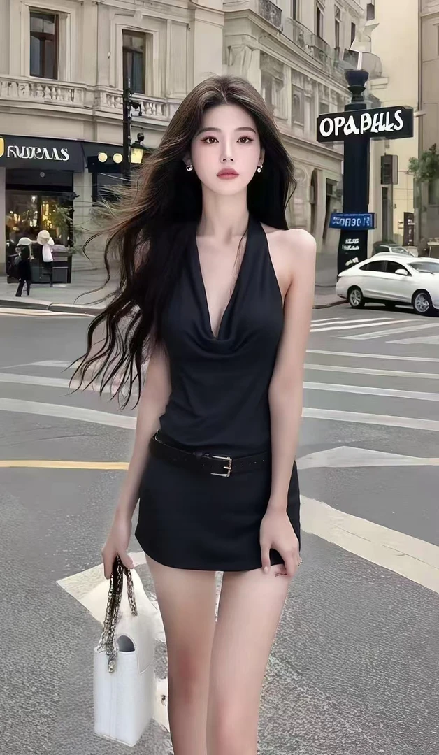 性感纯欲辣妹风黑色V领挂脖修身收腰包臀连衣裙小众设计显瘦短裙