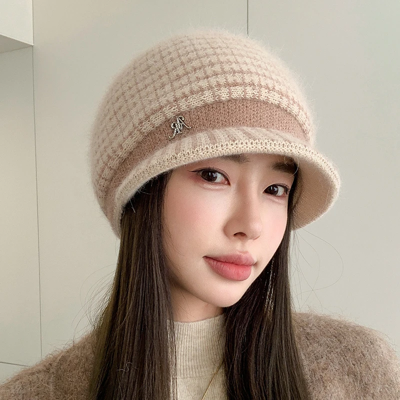 帽子女秋冬季加厚保暖针织毛线冷帽大头围显脸小纯色百搭鸭舌帽