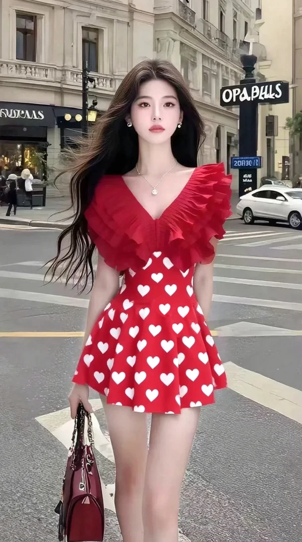 夏季新款温柔知性风爱心印花V领收腰显瘦红色连衣裙女高级氛围感