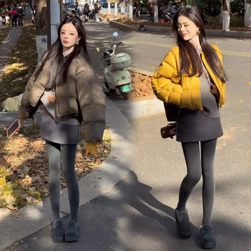 小个子冬季时尚加厚保暖圆领长袖短款棉服外套百搭高腰短裙两件套