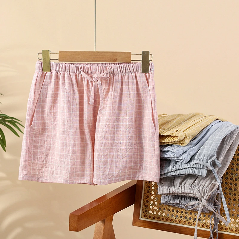 新款100棉短裤情侣夏季休闲宽松格子裤可外穿睡裤水洗棉空调遛弯