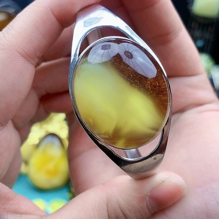 琥珀裸石银S925镶嵌手镯