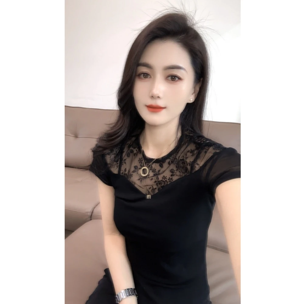 微透圆领内搭短袖女款爆款2025新款独特漂亮小衫纯色洋气时尚上衣