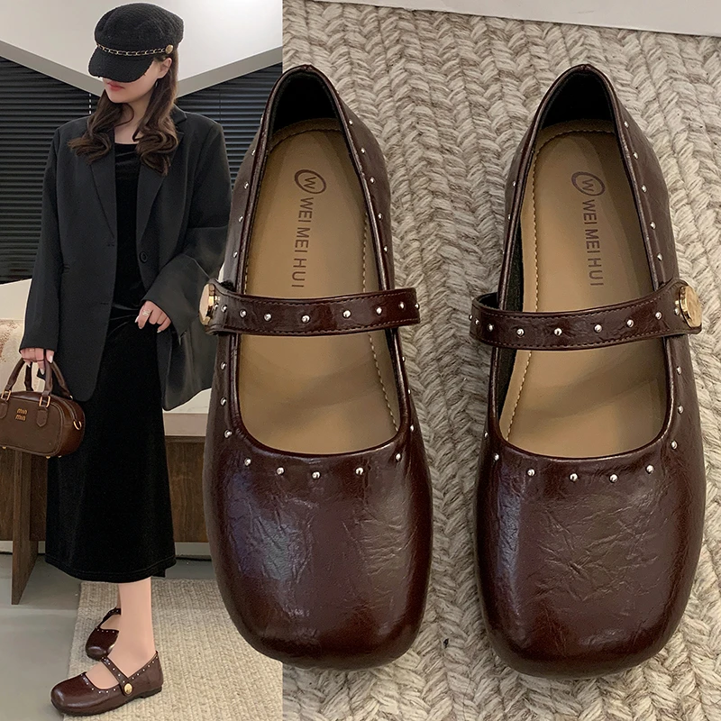 复古软皮通勤单鞋女2025春秋新款浅口百搭小皮鞋软底一字扣平底鞋