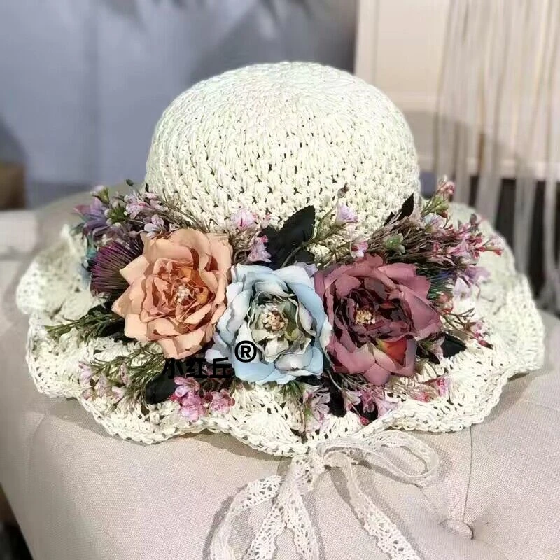 花朵草帽女夏天海边度假遮阳帽韩版太阳帽可折叠防晒大沿沙滩帽子