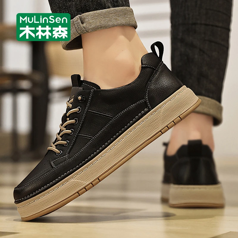 木林森男士休闲皮鞋春秋新款厚底耐磨复古板鞋男款户外运动休闲鞋